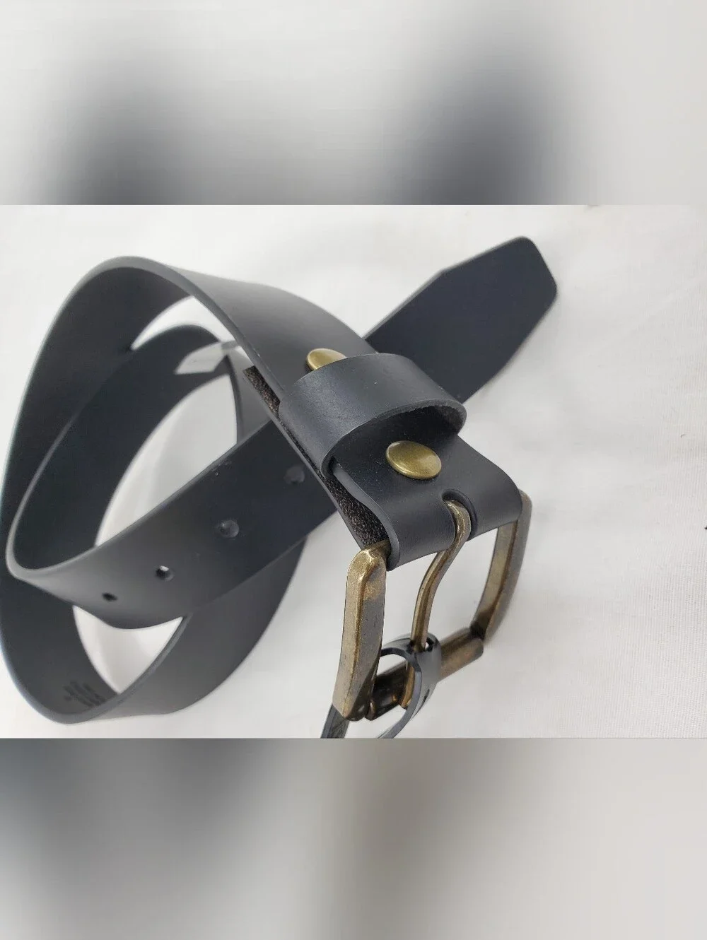Men's Black Leather Belt with Brass Buckle